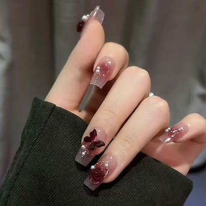 24Pcs Pink Ballet False Nails Long Coffin with Rhinestone Love Heart Wearable Fake Nails Full Cover Press on Nails Tips Glitter