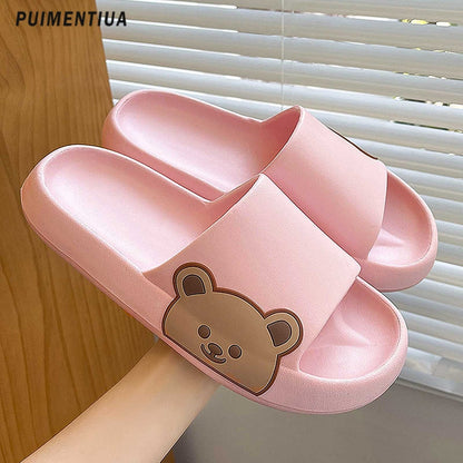 Women Slippers Beach Slides Cartoon Bear Flip Flops Men's Thick Sole Indoor Bathroom Anti-Slip Shoes Summer Couple Sandals