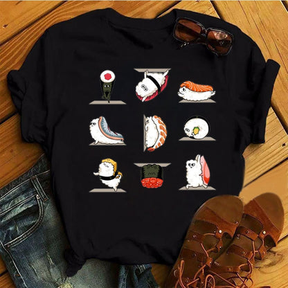 Women Black T-shirts Summer Cute Sushi hug Short Sleeve Tees shirt Femme Summer O-Nock Kawaii Clothing Tops Ladies T shirt