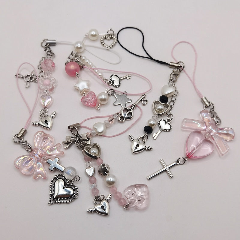 Pink Y2K Phone Charms Pendant Kawaii Key Chain For Bag iPhone Samsung Cute Accessories Women Girl Strap Lanyard Beaded Ins Korea