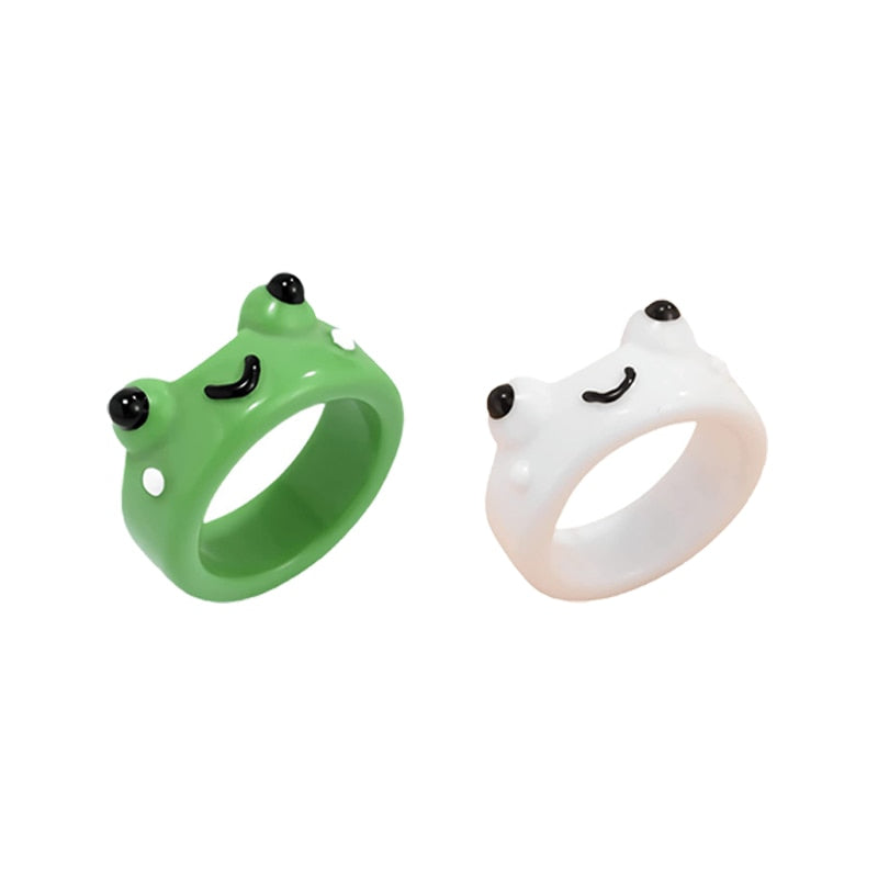2Pc Cute Frog Rings Lover Polymer Clay Resin Acrylic Rings for Women Girls Couple Travel Ring Summer Fashion Animal Jewelry Gift