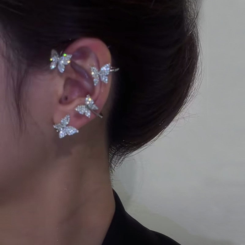 Korean Elf Butterfly Ear Cuff Without Piercing Clip Earrings for Women Elegant Sparkling Zircon Crystal Ear Clip Wedding Jewelry