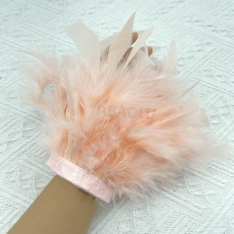 Women Natural Fur Feather Cuffs Snap On Bracelet Arm Cuff Shirts Sleeves For Women Real Ostrich Feather  Anklet Wrist Cuff