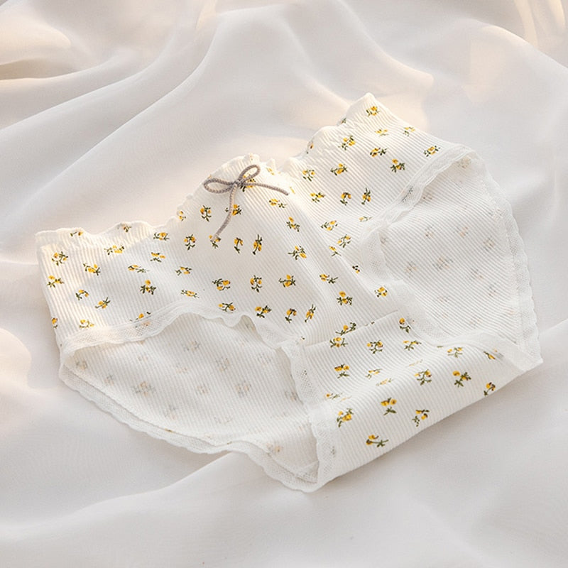 M-XL Women's Cotton Underwear Girls' Cute Flower Briefs Mid Waist Seamless Underpants Lace Panties Female Lingerie