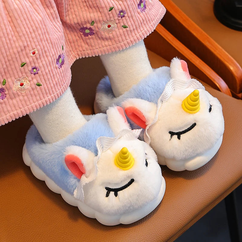 New Winter Kids Cotton Slippers Cartoon Unicorn Children's Indoor Slides Non-Slip Platform Girls And Boys Warm Plush House Shoes