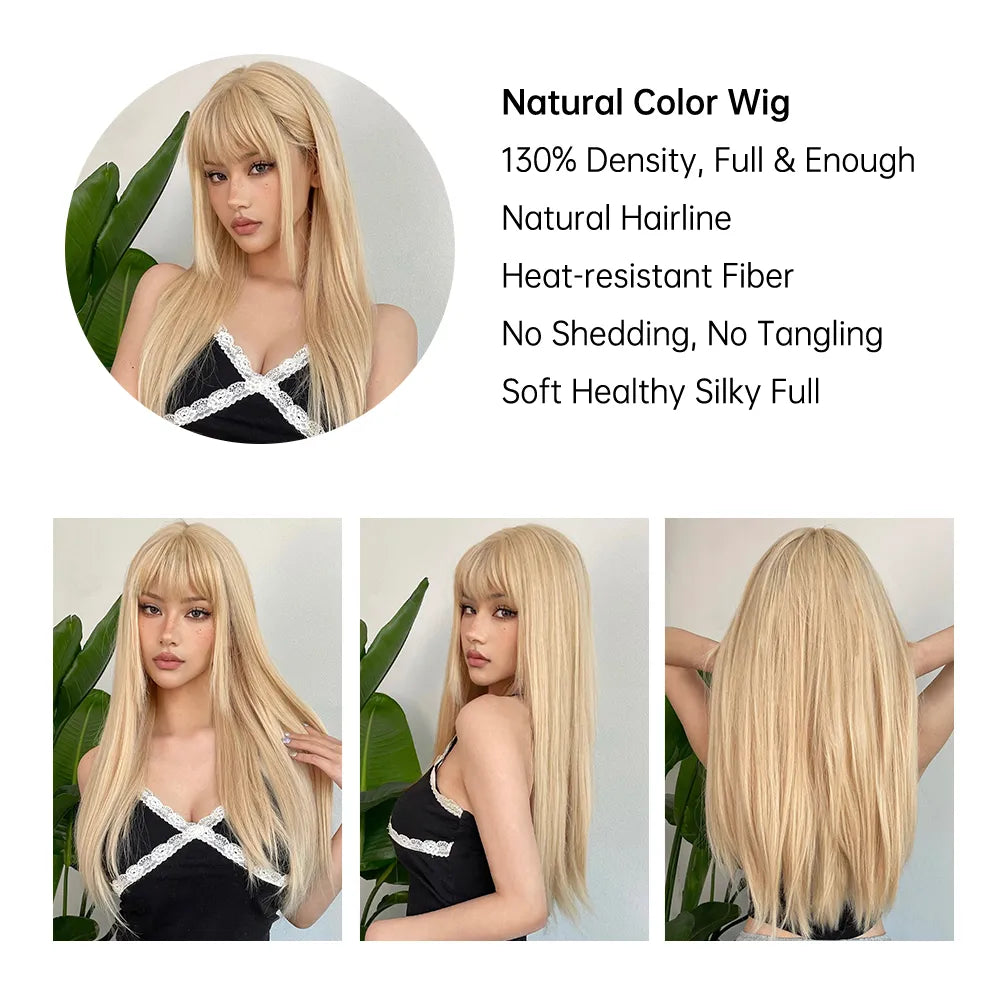 EASIHAIR Blonde Golden Long Straight Synthetic Wigs with Bangs Beige Lolita Hairs Wig for Women Daily Party Heat Resistant Fiber
