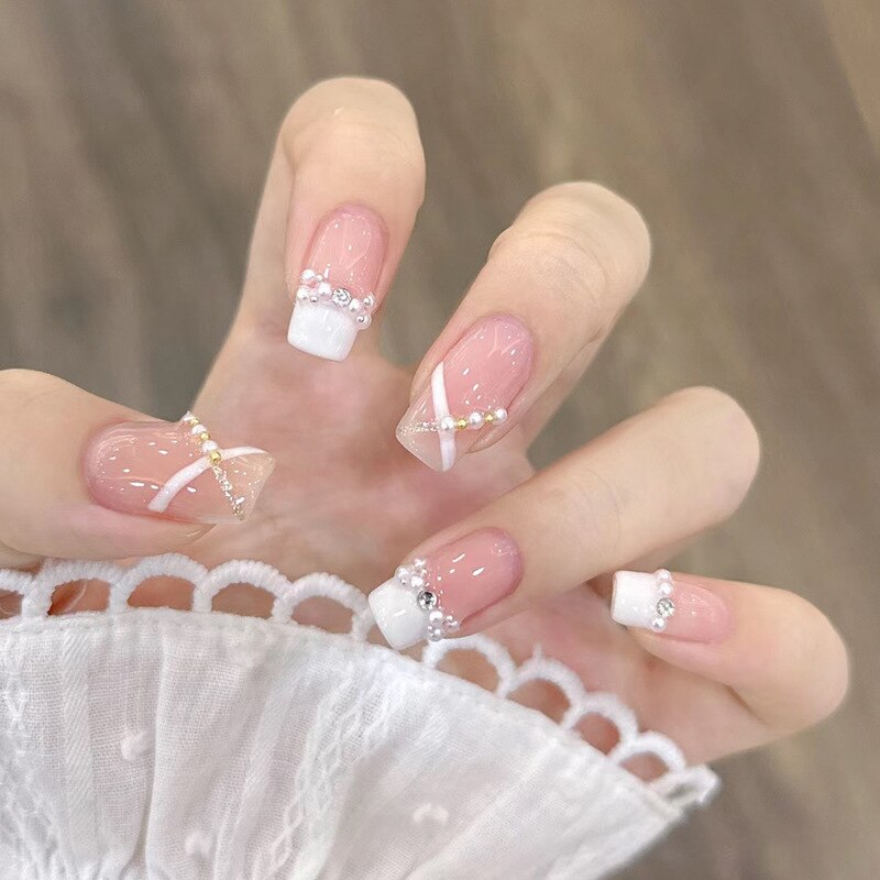 24Pcs Pink Ballet False Nails Long Coffin with Rhinestone Love Heart Wearable Fake Nails Full Cover Press on Nails Tips Glitter