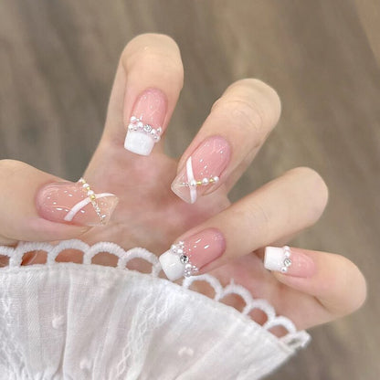 24Pcs Pink Ballet False Nails Long Coffin with Rhinestone Love Heart Wearable Fake Nails Full Cover Press on Nails Tips Glitter