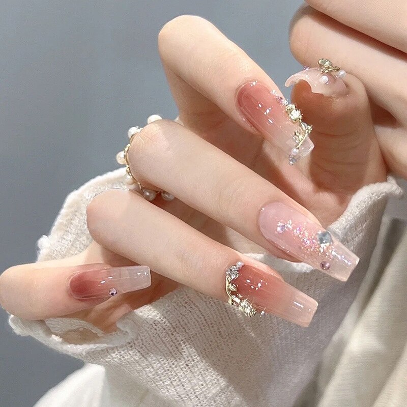 24Pcs Pink Ballet False Nails Long Coffin with Rhinestone Love Heart Wearable Fake Nails Full Cover Press on Nails Tips Glitter
