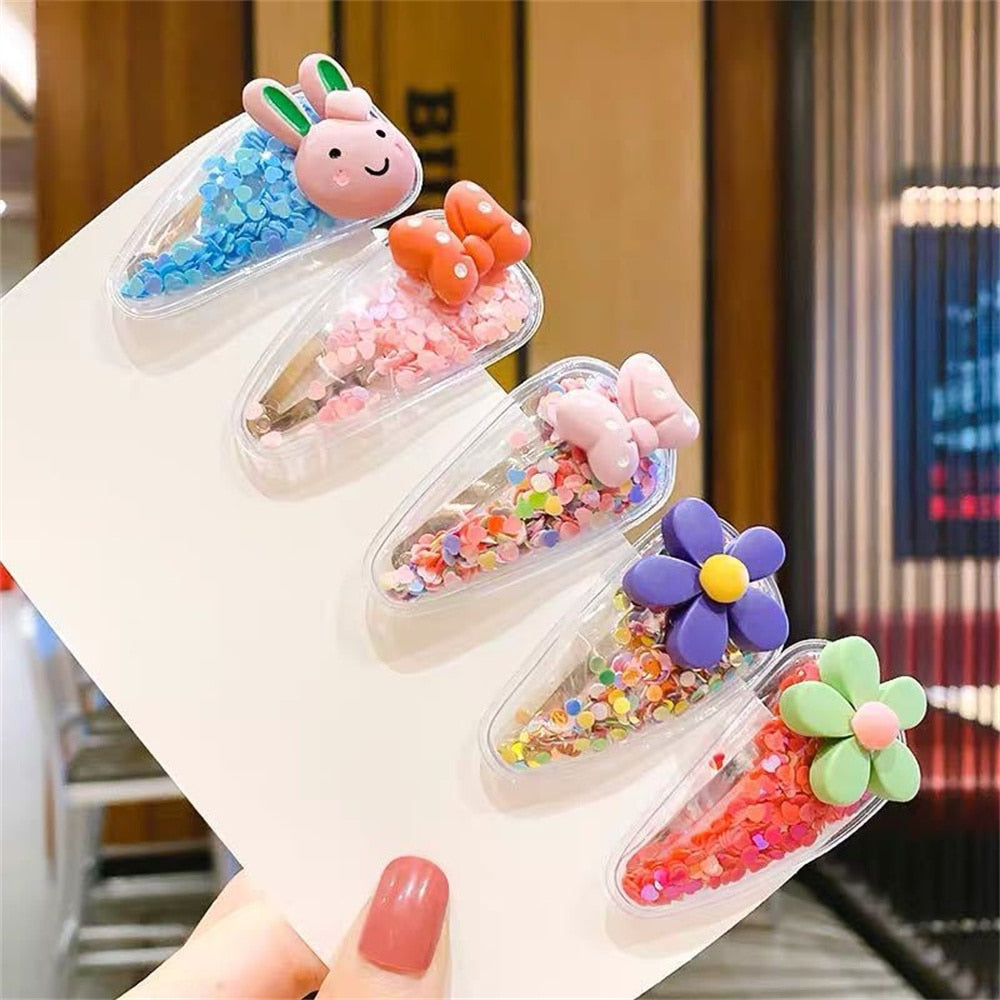 5pcs/Set Cute Fruit Quicksand Sequins Snap BB Clips Children Cartoon Rainbow Animal Bangs Hairpin Side Barrettes