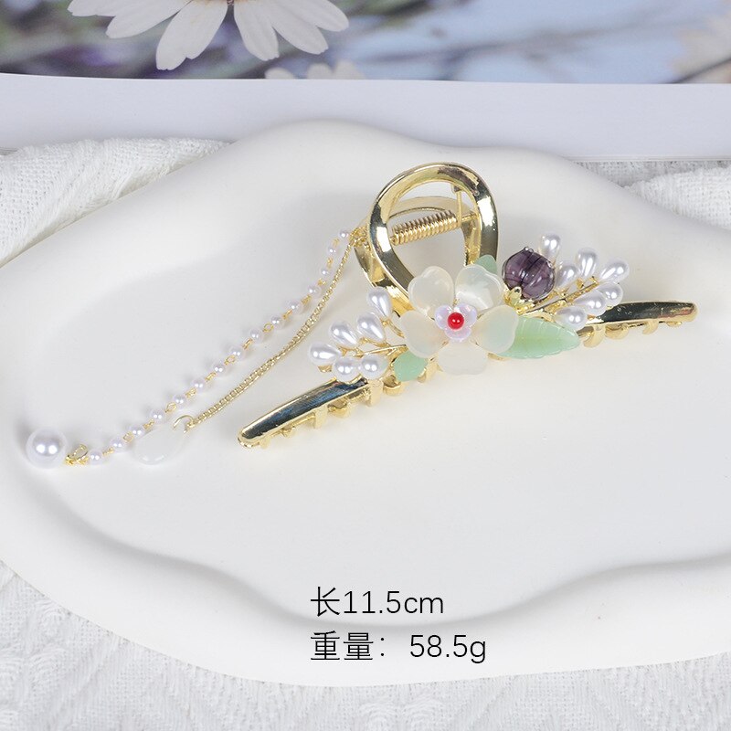 New Classical Orchid Pearl Tassel Grab Clip Ladies Ponytail Clip Flower Shark Clip Girl Elegant Headwear Accessories