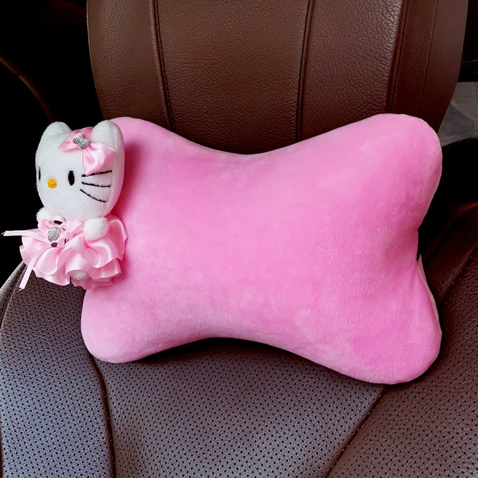 Kawaii Sanrio Anime Kt Cat Hello Kitty Plush Steering Wheel Cover Car Accessories Headrest Pillow Lumbar Pillow Plushie Seatbelt Cover Gift