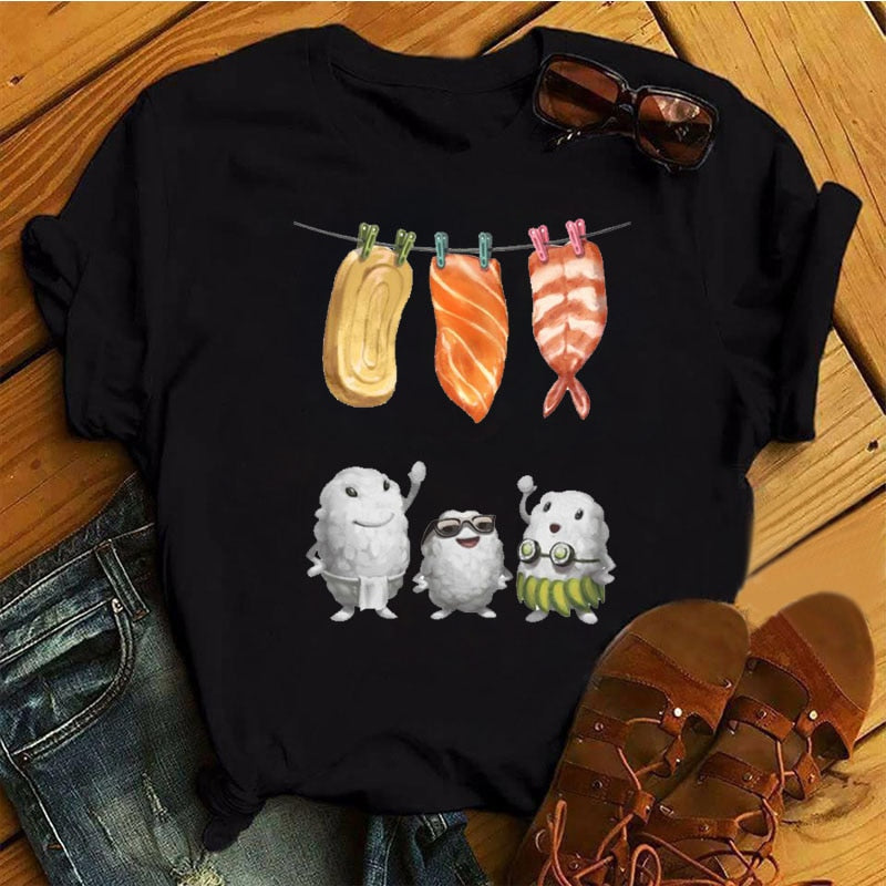 Women Black T-shirts Summer Cute Sushi hug Short Sleeve Tees shirt Femme Summer O-Nock Kawaii Clothing Tops Ladies T shirt