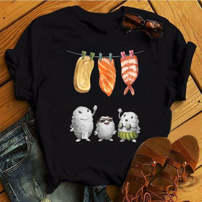 Women Black T-shirts Summer Cute Sushi hug Short Sleeve Tees shirt Femme Summer O-Nock Kawaii Clothing Tops Ladies T shirt