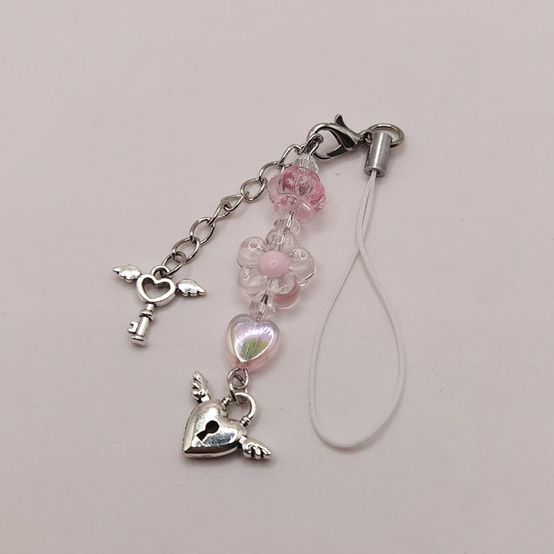 Pink Y2K Phone Charms Pendant Kawaii Key Chain For Bag iPhone Samsung Cute Accessories Women Girl Strap Lanyard Beaded Ins Korea