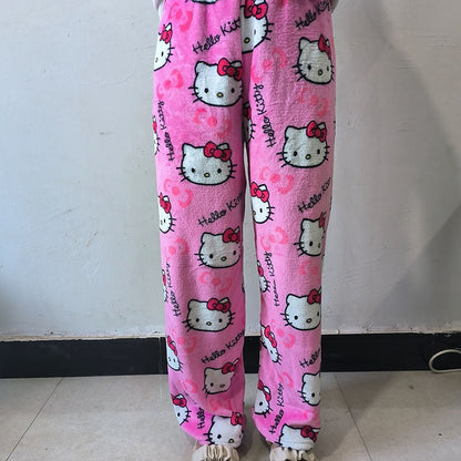 New Sanrio Anime Cartoon Hello Kitty Coral Fleece Pajama Pants Soft Trousers Women Casual Home Trousers Kawaii Birthday Gift