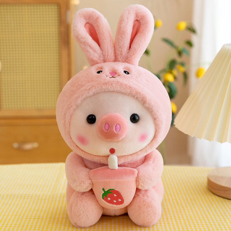 Super Soft Kawaii Cartoon Plush Toy Stuffed Animal Cute Pig Bunny Frog Unicorn Tiger With Tea With Milk Doll Kids Birthday Gift