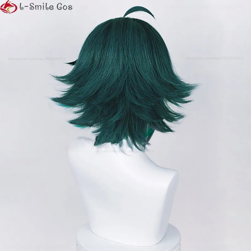 Game Genshin Impact Cosplay Xiao Wig 40cm Short Green Hair With Stickers Ring Heat Resistant Synthetic Party Wigs + Wig Cap