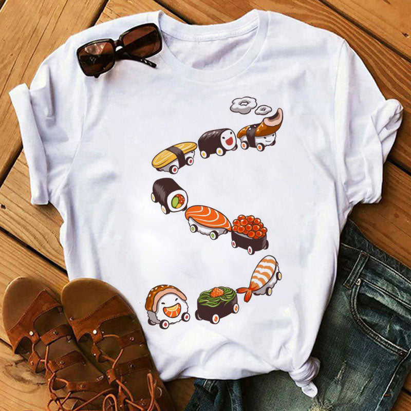 Women Black T-shirts Summer Cute Sushi hug Short Sleeve Tees shirt Femme Summer O-Nock Kawaii Clothing Tops Ladies T shirt