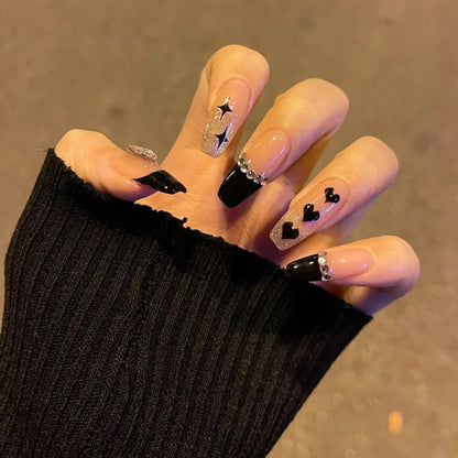 24Pcs Pink Ballet False Nails Long Coffin with Rhinestone Love Heart Wearable Fake Nails Full Cover Press on Nails Tips Glitter