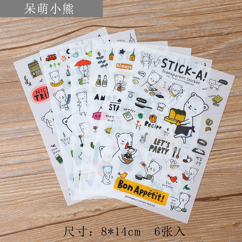 6pcs/lot  Waterproof Cartoon Cute Transparent Diy Decoration Stickers Korea Hand Account Stickers Kawaii Plastic Cup Stickers