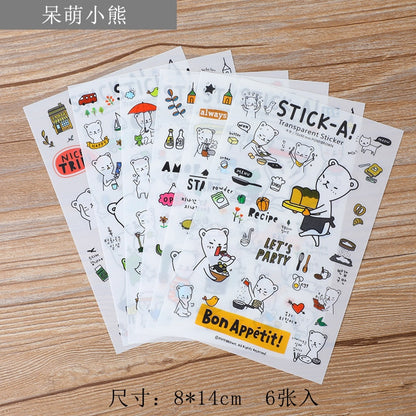 6pcs/lot  Waterproof Cartoon Cute Transparent Diy Decoration Stickers Korea Hand Account Stickers Kawaii Plastic Cup Stickers