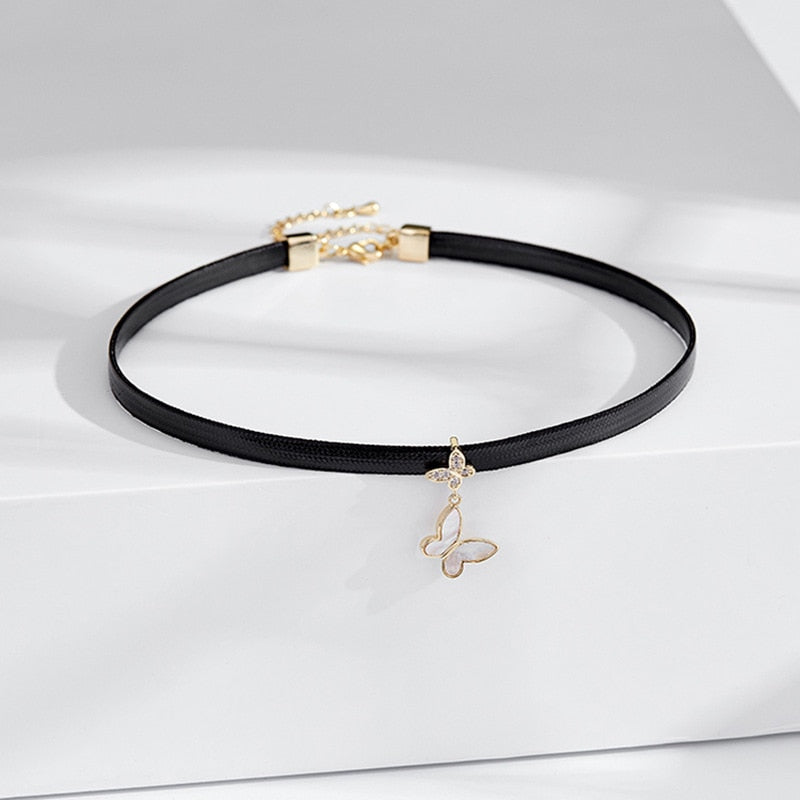 Glitter Zircon Geometric Pendant Choker Black Leather Short Necklace for Women Temperament Aesthetic Jewelry Accessories
