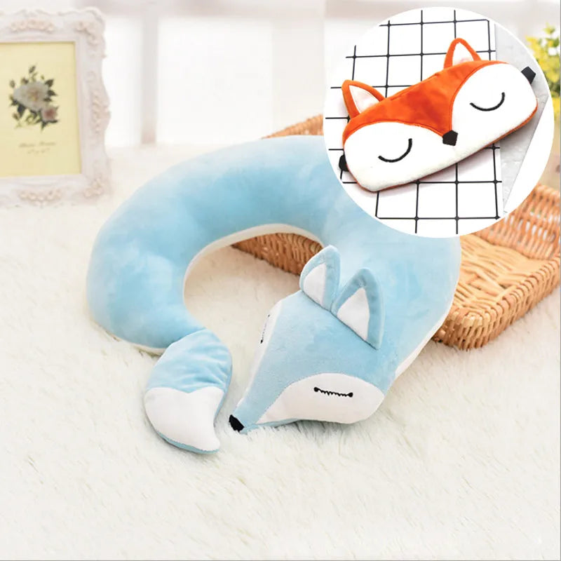 Cute Fox U Shape Neck Pillow Animal Cotton Plush Travel Car Home Pillow Health Care with Eye Mask Nap Animal Pillow Almohada