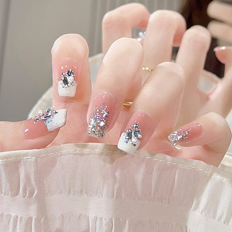 24Pcs Pink Ballet False Nails Long Coffin with Rhinestone Love Heart Wearable Fake Nails Full Cover Press on Nails Tips Glitter
