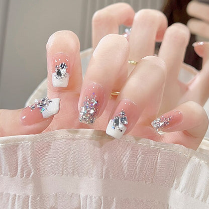 24Pcs Pink Ballet False Nails Long Coffin with Rhinestone Love Heart Wearable Fake Nails Full Cover Press on Nails Tips Glitter