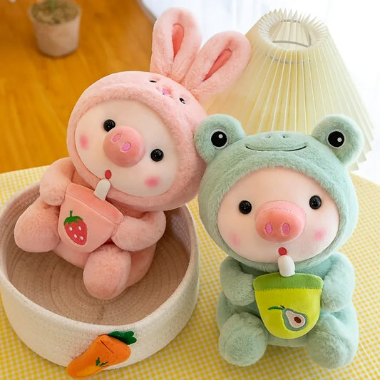 9.8in/25cm Cute Piglet Stuffed Animals Cute Plush Toy, Soft Plushies Throw Pillow, Pig Plush Throw Pillow Doll with Boba Tea