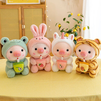 Super Soft Kawaii Cartoon Plush Toy Stuffed Animal Cute Pig Bunny Frog Unicorn Tiger With Tea With Milk Doll Kids Birthday Gift