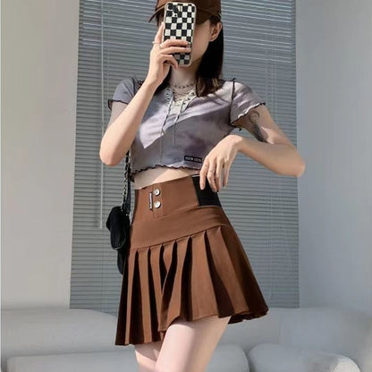 Y2K Harajuku Button Letter Printed Pleated Skirt Elastic High Waist A-Line Mini Skirt Korean Fashion School Kawaii Women Skirt