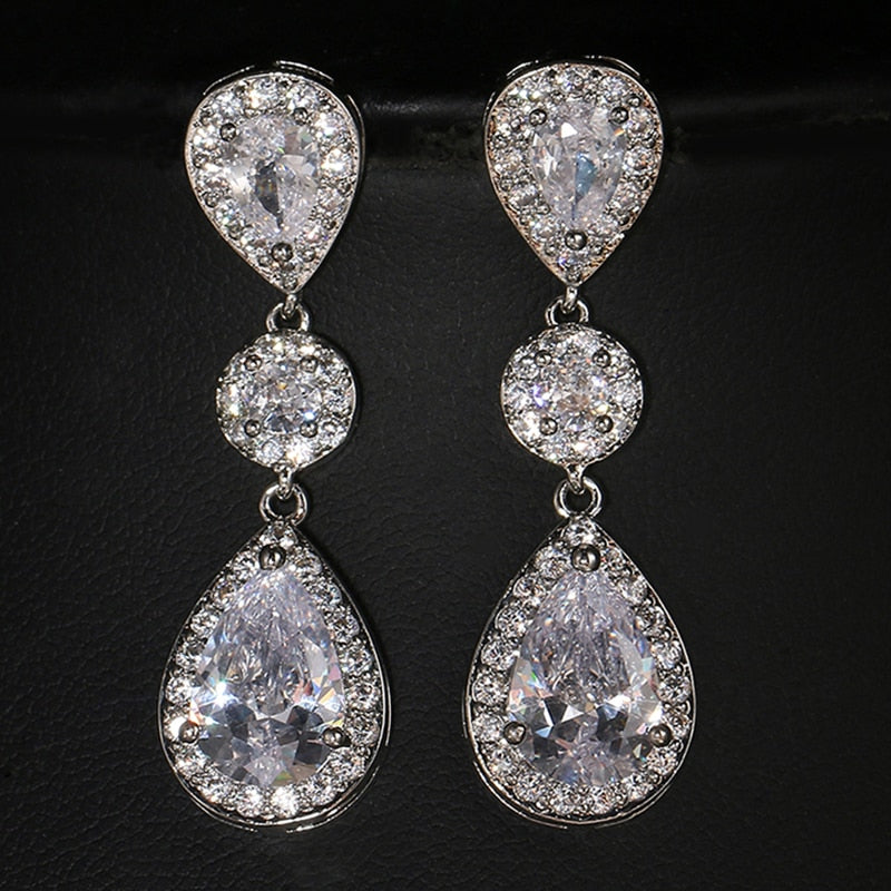 Luxury Zircon Wedding Long Dangle Earrings with Round Water Drop Elegant CZ Earrings for Women Bridal Wedding Jewelry Dress