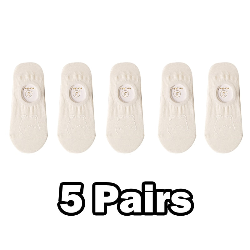 5 Pairs New Kawai Women Socks Summer Cute Japanese Fashion Cartoon Bear Funny Socks Soft Cotton Short Non-slip Invisible Socks