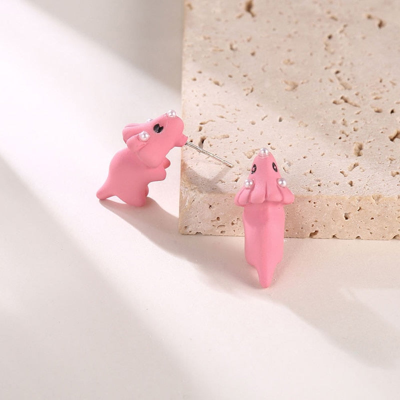 Kawaii Dinosaur T-Rex Stud Earrings: Cute Cartoon Animal Little Dog Whale Hippo Baby Shark Bite Ear Clay Jewelry Funny Gift