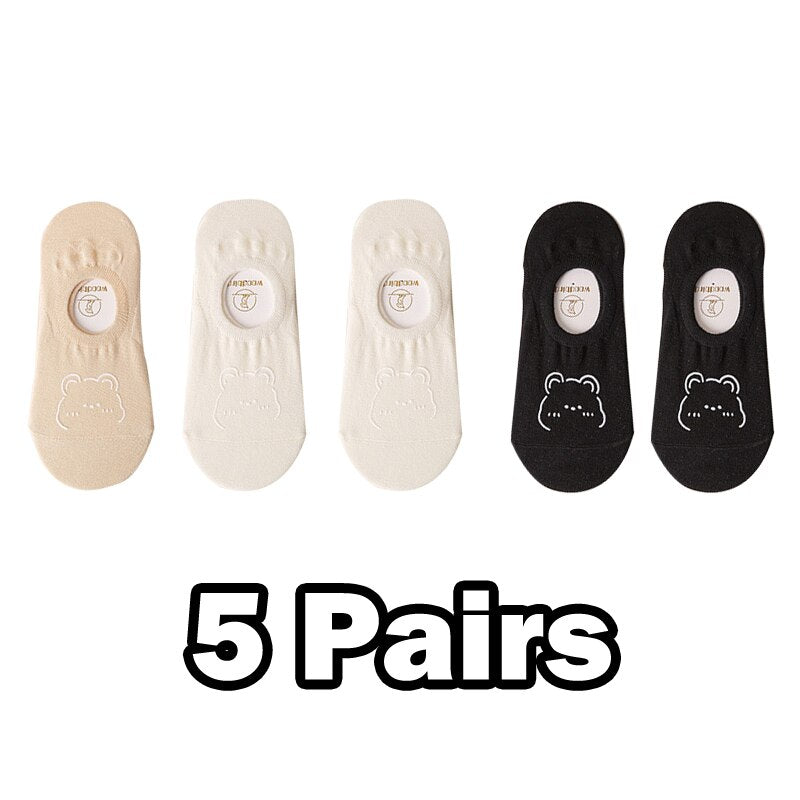 5 Pairs New Kawai Women Socks Summer Cute Japanese Fashion Cartoon Bear Funny Socks Soft Cotton Short Non-slip Invisible Socks
