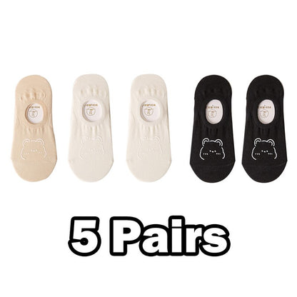 5 Pairs New Kawai Women Socks Summer Cute Japanese Fashion Cartoon Bear Funny Socks Soft Cotton Short Non-slip Invisible Socks