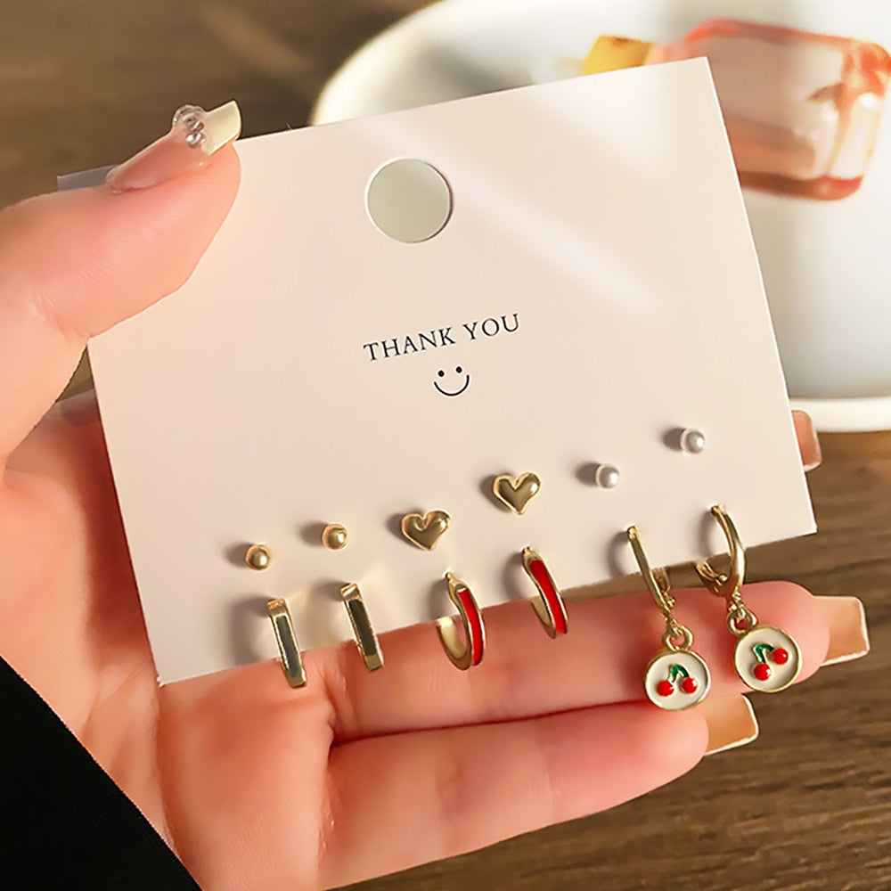 FNIO Korean Fashion Metal Love Heart Circle Drop Small Earrings for Women Trend Pendant Piercing Earrings Set Jewelry