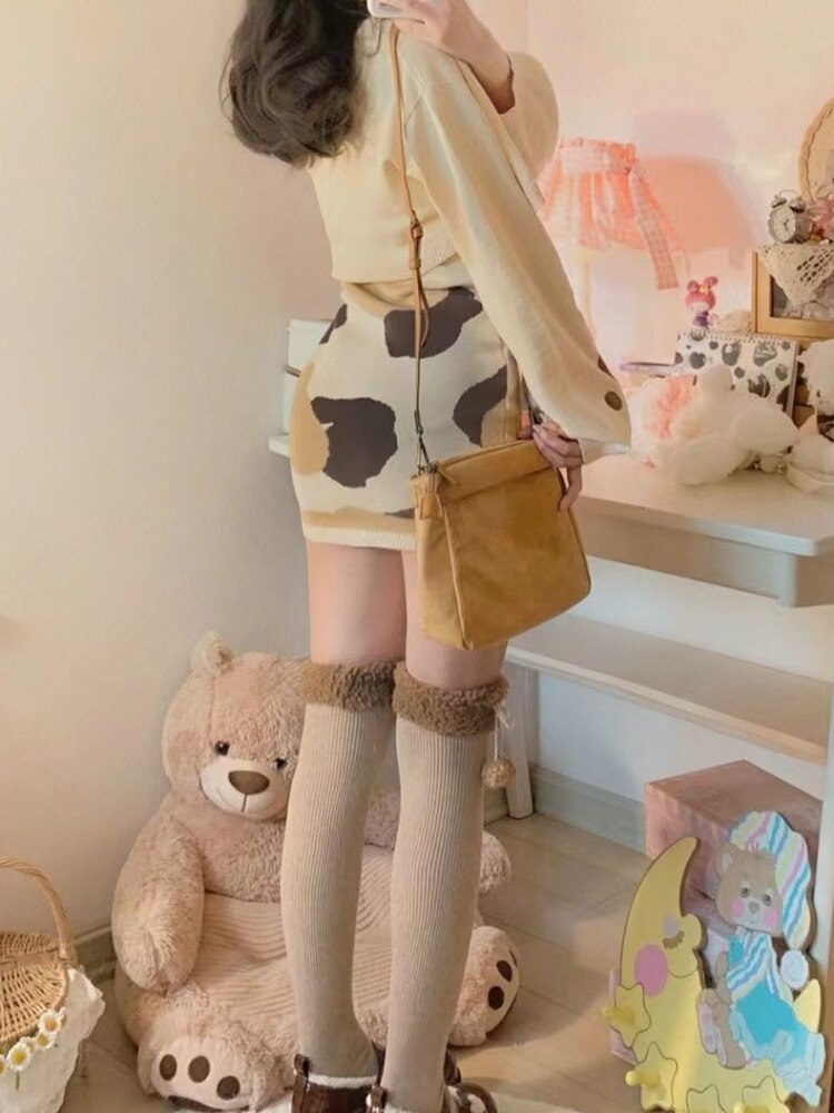 2 Pieces Set Women Crop Knit Cardigan + Sleeveless Print Bow Mini Dress Harajuku Robe Korean Fashion Y2k Outfits
