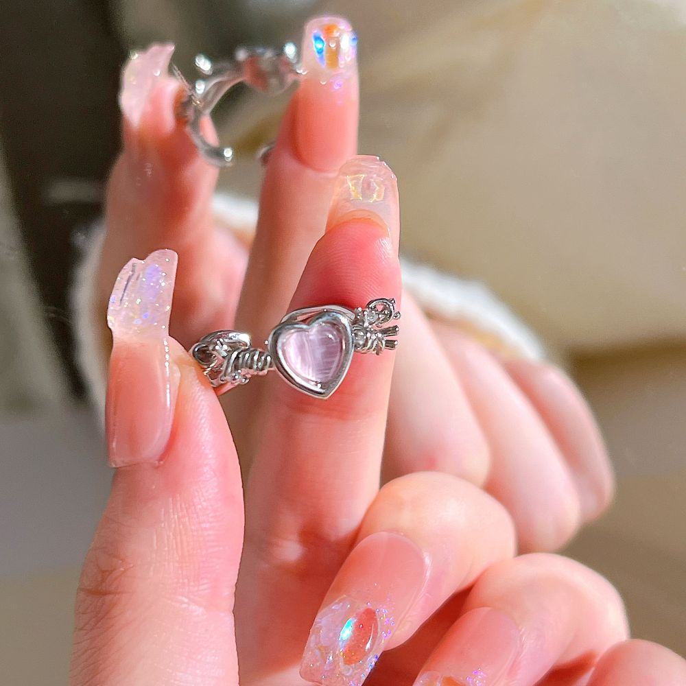 Pink Crystal Heart Bowknot Rings For Women Girls Y2k Kpop Sweet Cool Open Finger Rings Party Fashion Jewelry Gifts New