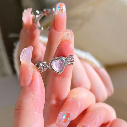 Pink Crystal Heart Bowknot Rings For Women Girls Y2k Kpop Sweet Cool Open Finger Rings Party Fashion Jewelry Gifts New