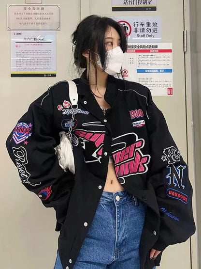 HOUZHOU Black Vintage Jacket Women Casual Oversized Jackets Long Sleeve Baseball Uniform Kpop Harajuku Fashion Streetwear Y2k