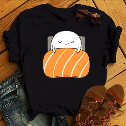 Women Black T-shirts Summer Cute Sushi hug Short Sleeve Tees shirt Femme Summer O-Nock Kawaii Clothing Tops Ladies T shirt