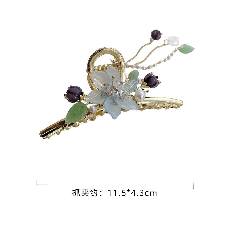 New Classical Orchid Pearl Tassel Grab Clip Ladies Ponytail Clip Flower Shark Clip Girl Elegant Headwear Accessories