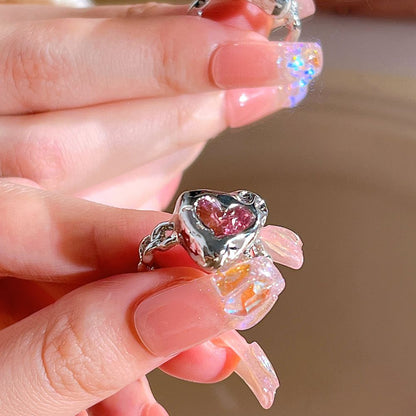 Pink Crystal Heart Bowknot Rings For Women Girls Y2k Kpop Sweet Cool Open Finger Rings Party Fashion Jewelry Gifts New