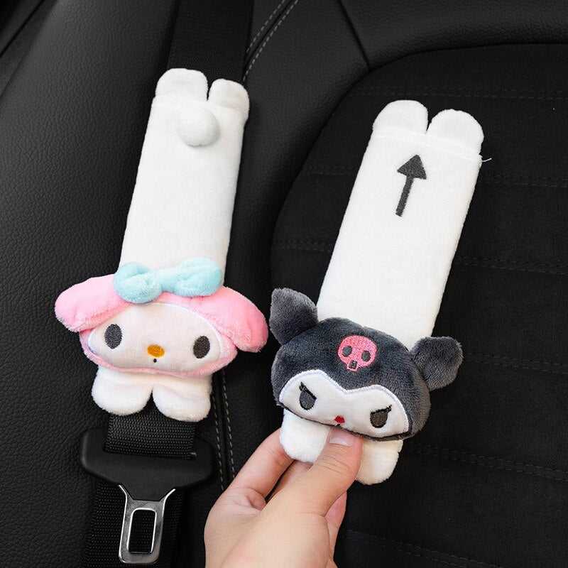 Cute Sanrio Kuromi My Melody Car Seat Pillow Plushie Pink Car Headrest Neck Pillow And Seat Belt Cartoon Stuffed Animal Plush Head Cushion Neck Support