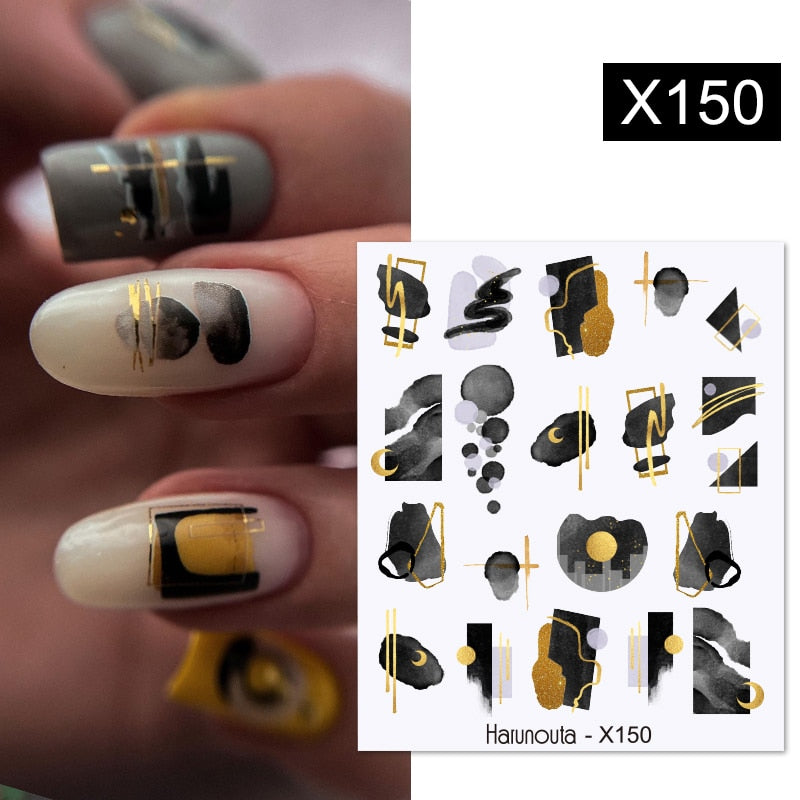 Harunouta Black Lines Flower Leaves Water Decals Stickers Floral Face Marble Pattern Slider For Nails Summer Nail Art Decoration