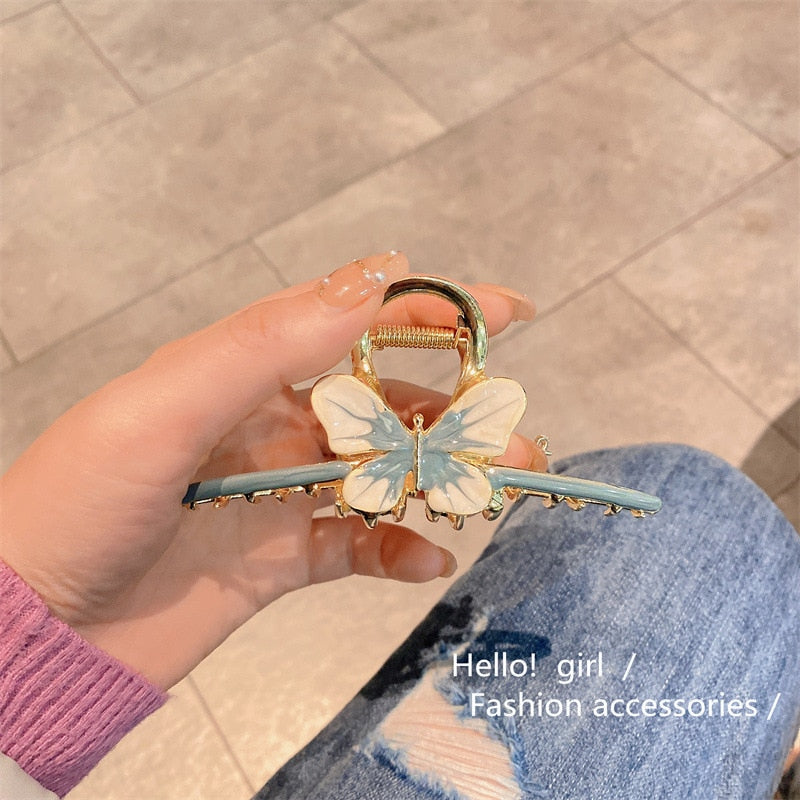 New Korean Vintage Flowers Large Metal Hair Claw Clip Ponytail Women Butterfly Shark Alloy Hair Claw Barrette Hair Accessories