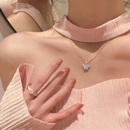 Exquisite Cherry Blossoms Flower Necklace For Women Crystal Zircon Rose Heart Butterfly Clavicle Chain Wedding Romantic Jewelry